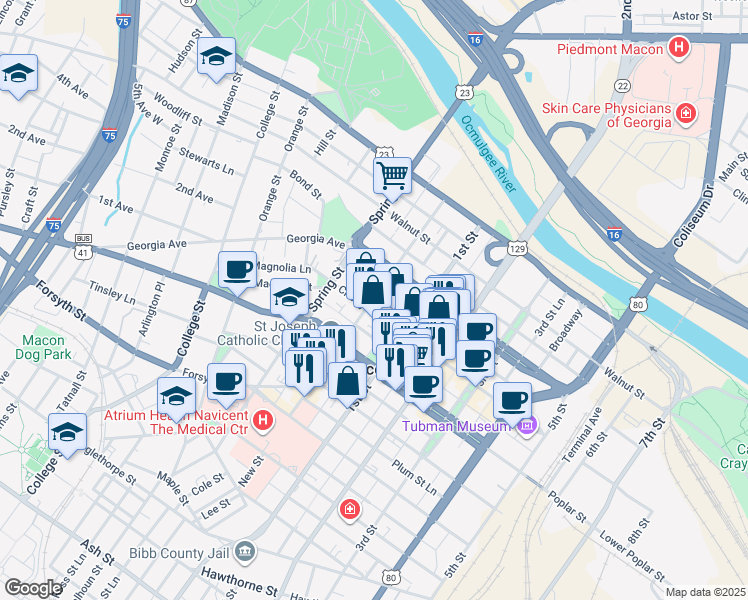 map of restaurants, bars, coffee shops, grocery stores, and more near in Macon