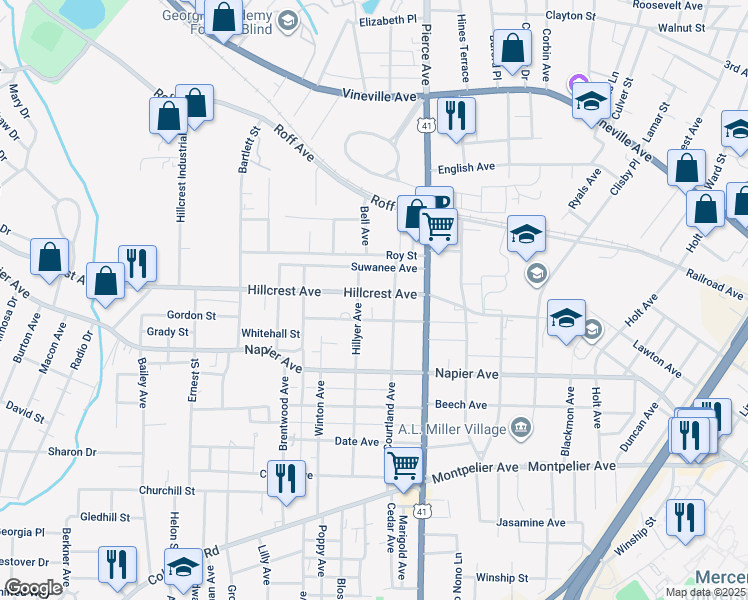 map of restaurants, bars, coffee shops, grocery stores, and more near 2655 Cherokee Avenue in Macon