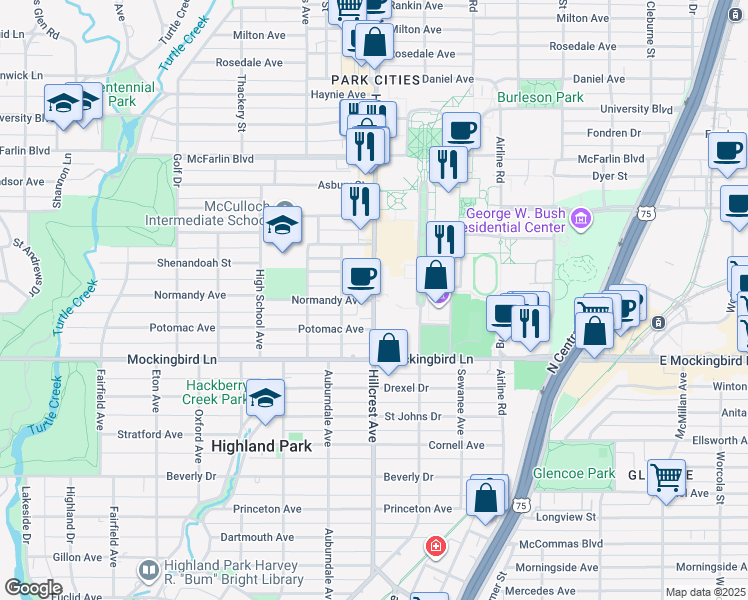 map of restaurants, bars, coffee shops, grocery stores, and more near 5801 Hillcrest Avenue in Dallas