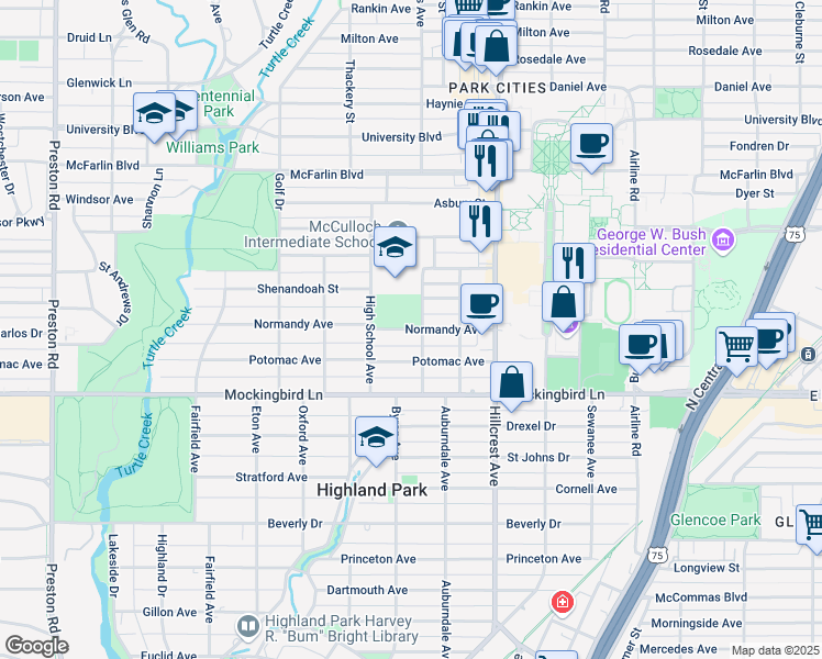 map of restaurants, bars, coffee shops, grocery stores, and more near in University Park