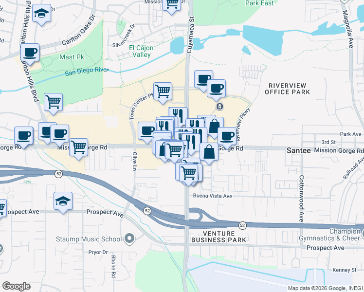 map of restaurants, bars, coffee shops, grocery stores, and more near 9760 Mission Gorge Road in Santee