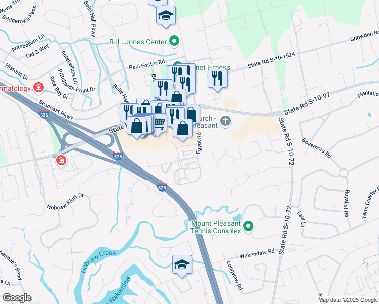 map of restaurants, bars, coffee shops, grocery stores, and more near 1710 Belle Isle Avenue in Mount Pleasant