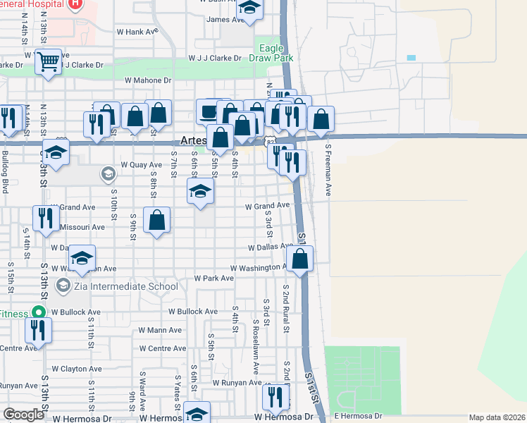 map of restaurants, bars, coffee shops, grocery stores, and more near 303 West Grand Avenue in Artesia