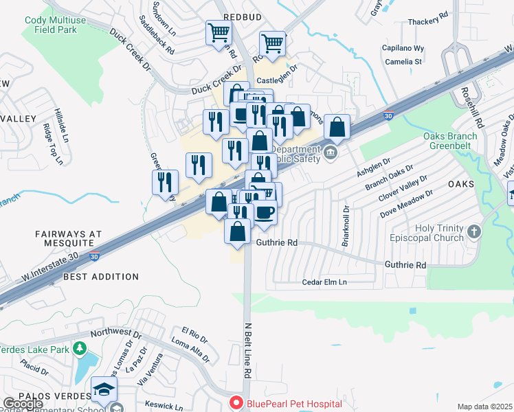 map of restaurants, bars, coffee shops, grocery stores, and more near 6296-6304 Broadway Boulevard in Garland