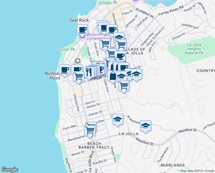 map of restaurants, bars, coffee shops, grocery stores, and more near 7413 Eads Avenue in San Diego