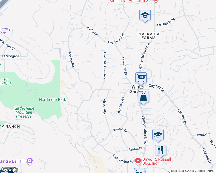 map of restaurants, bars, coffee shops, grocery stores, and more near 8855 Almond Road in Lakeside