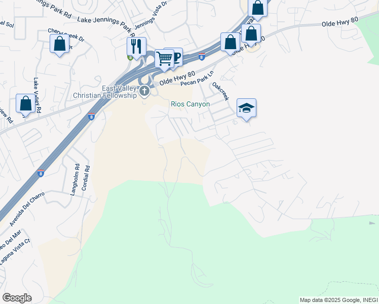 map of restaurants, bars, coffee shops, grocery stores, and more near 9111 East Sierra Alta Way in El Cajon
