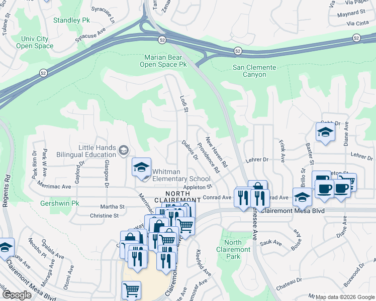 map of restaurants, bars, coffee shops, grocery stores, and more near 5172 Caywood Street in San Diego