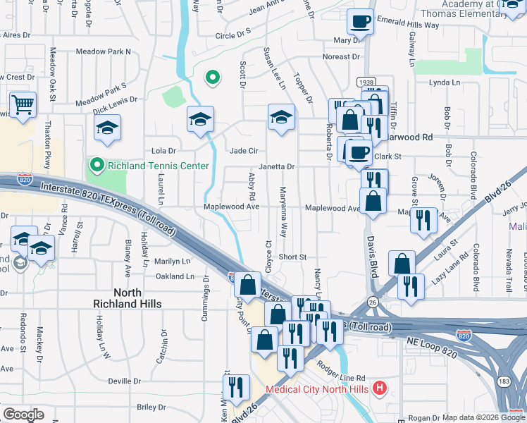 map of restaurants, bars, coffee shops, grocery stores, and more near 5032 Winder Court in North Richland Hills