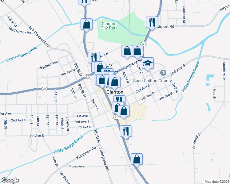 map of restaurants, bars, coffee shops, grocery stores, and more near in Clanton