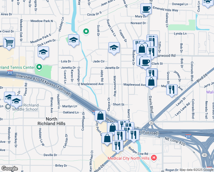 map of restaurants, bars, coffee shops, grocery stores, and more near 5021 Winder Court in North Richland Hills