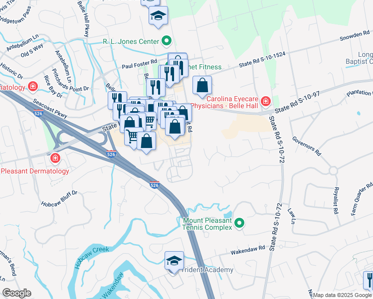 map of restaurants, bars, coffee shops, grocery stores, and more near 2200 Belle Isle Avenue in Mount Pleasant