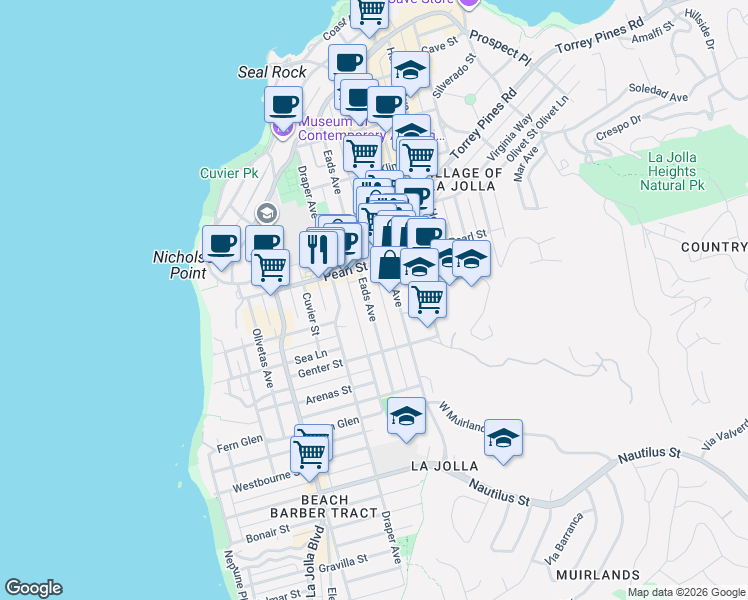 map of restaurants, bars, coffee shops, grocery stores, and more near 7415 Eads Avenue in San Diego