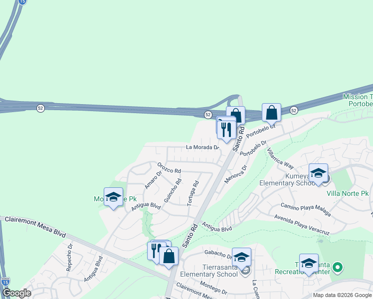map of restaurants, bars, coffee shops, grocery stores, and more near 10466 La Morada Drive in San Diego