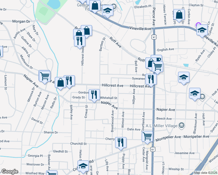 map of restaurants, bars, coffee shops, grocery stores, and more near 2787 Hillcrest Avenue in Macon