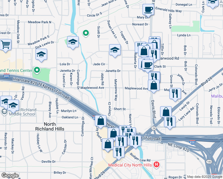 map of restaurants, bars, coffee shops, grocery stores, and more near 5032 Cloyce Court in North Richland Hills