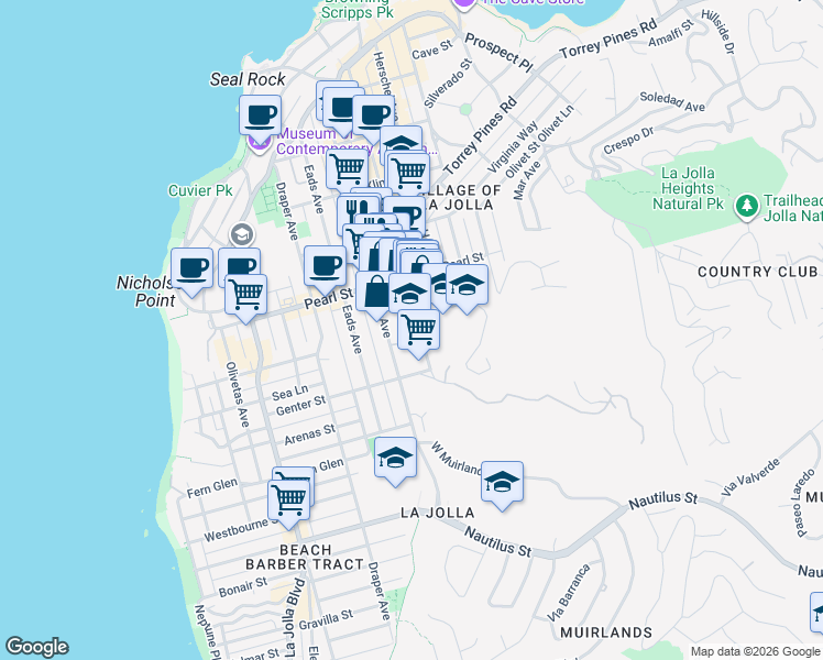 map of restaurants, bars, coffee shops, grocery stores, and more near 7380 Girard Avenue in San Diego