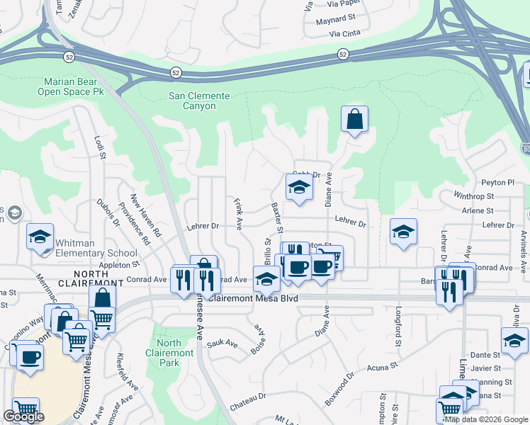 map of restaurants, bars, coffee shops, grocery stores, and more near 4694 Firestone Street in San Diego