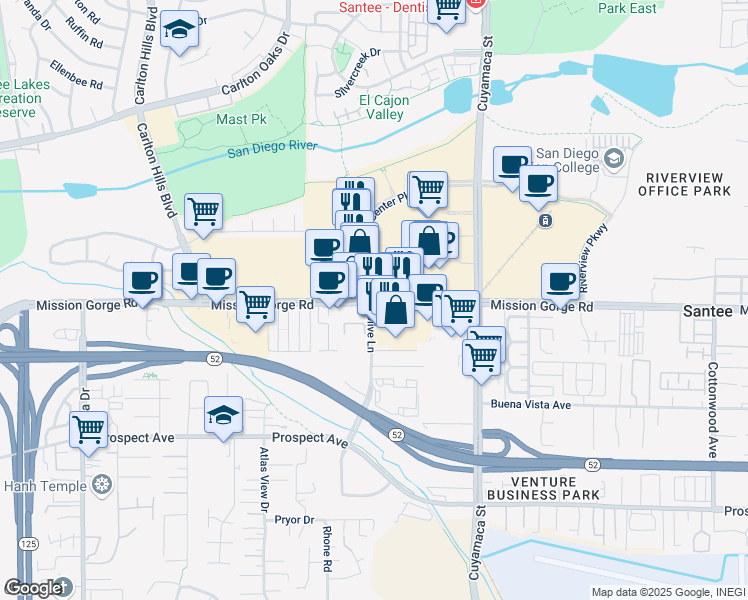 map of restaurants, bars, coffee shops, grocery stores, and more near Mission Gorge Road & Olive Lane in Santee