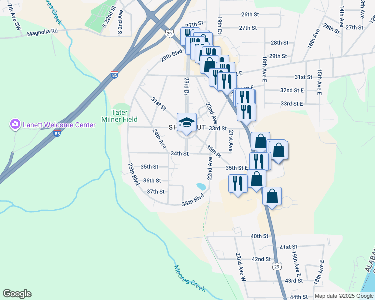 map of restaurants, bars, coffee shops, grocery stores, and more near 3301 23rd Drive in Valley