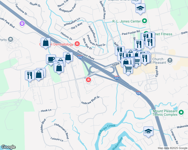 map of restaurants, bars, coffee shops, grocery stores, and more near 570 Long Point Road in Mount Pleasant