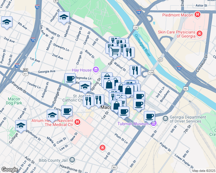 map of restaurants, bars, coffee shops, grocery stores, and more near 853 Spring Street Lane in Macon