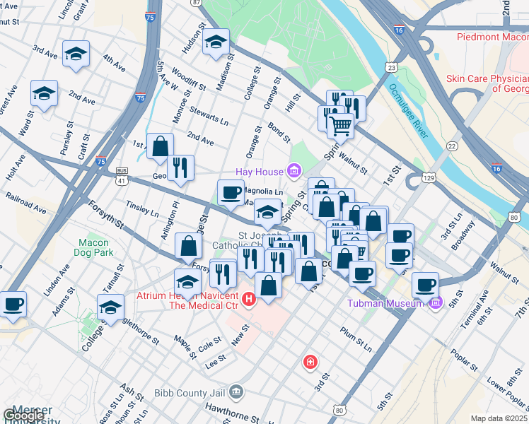 map of restaurants, bars, coffee shops, grocery stores, and more near 983 Magnolia Street in Macon