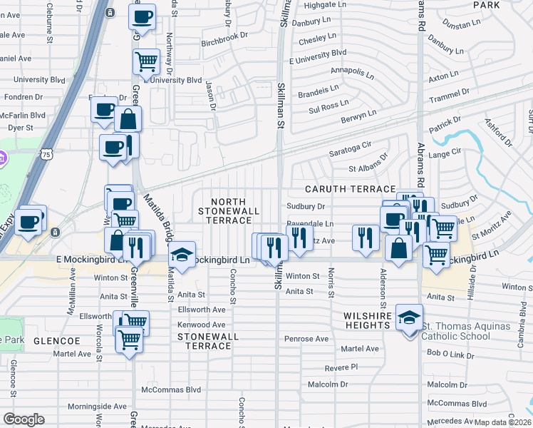 map of restaurants, bars, coffee shops, grocery stores, and more near 4332 Somerville Avenue in Dallas