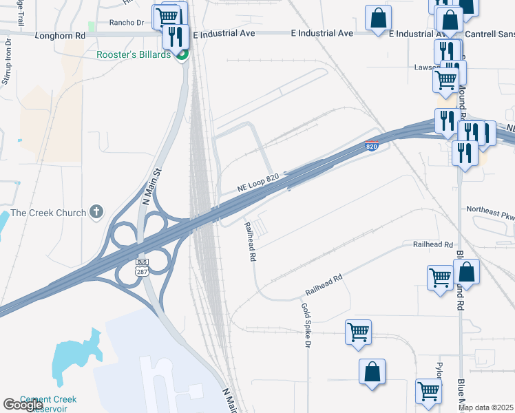 map of restaurants, bars, coffee shops, grocery stores, and more near 4900 North Railhead Road in Fort Worth