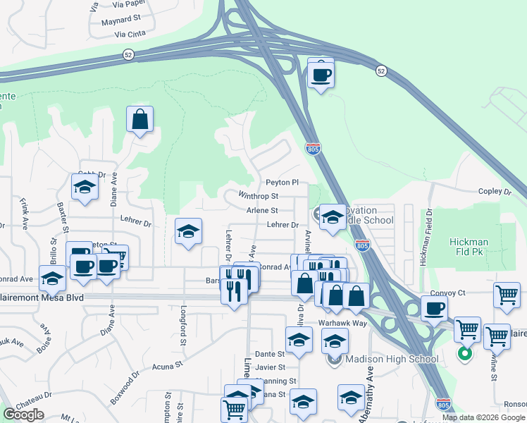 map of restaurants, bars, coffee shops, grocery stores, and more near 5217 Arlene St in San Diego