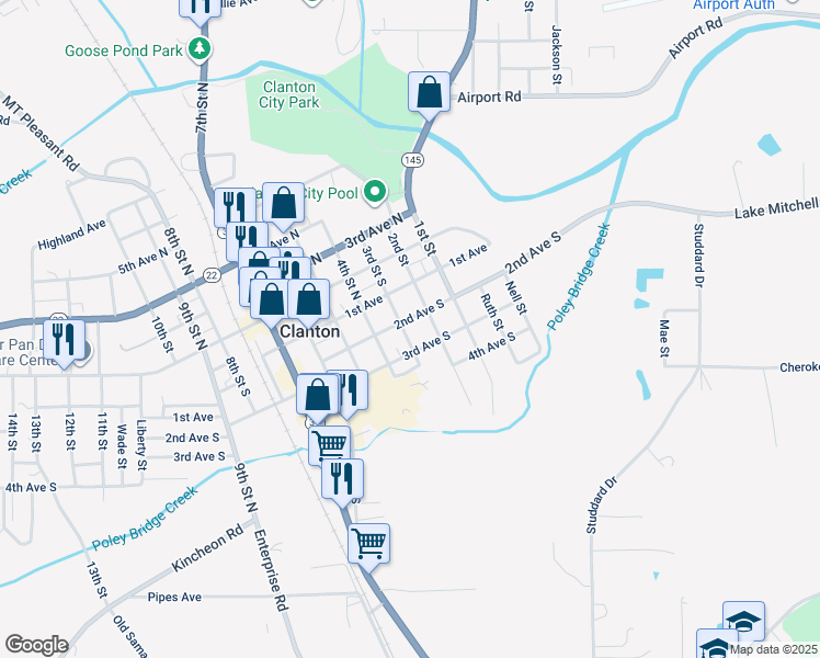 map of restaurants, bars, coffee shops, grocery stores, and more near 200 2nd Avenue South in Clanton