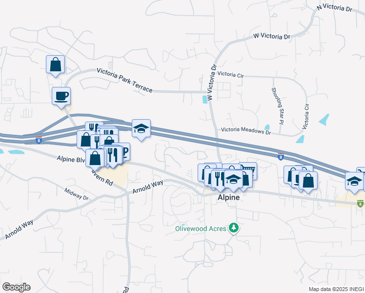 map of restaurants, bars, coffee shops, grocery stores, and more near 2102 Boulders Road in Alpine