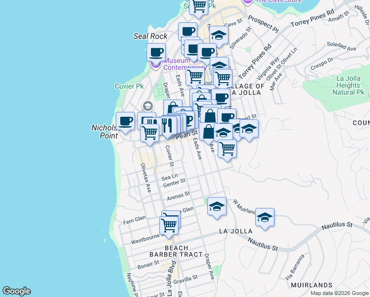 map of restaurants, bars, coffee shops, grocery stores, and more near 7431 Draper Avenue in San Diego