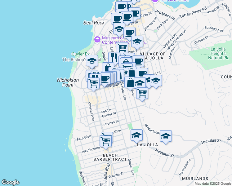 map of restaurants, bars, coffee shops, grocery stores, and more near 7431 Draper Avenue in San Diego