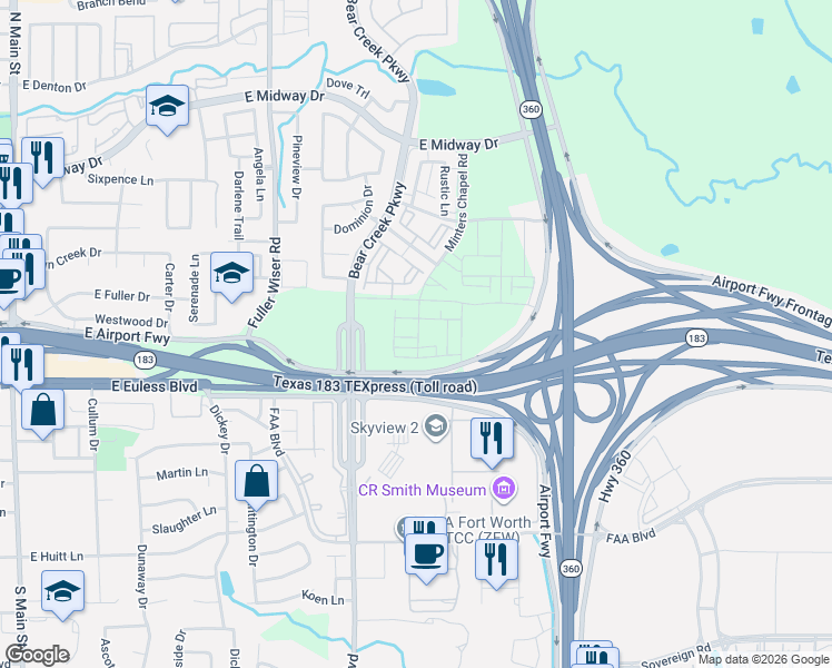map of restaurants, bars, coffee shops, grocery stores, and more near 1001 Airport Freeway in Euless