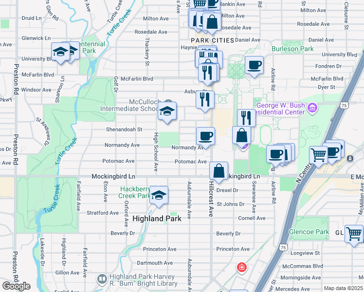 map of restaurants, bars, coffee shops, grocery stores, and more near 3437 Shenandoah Street in Dallas