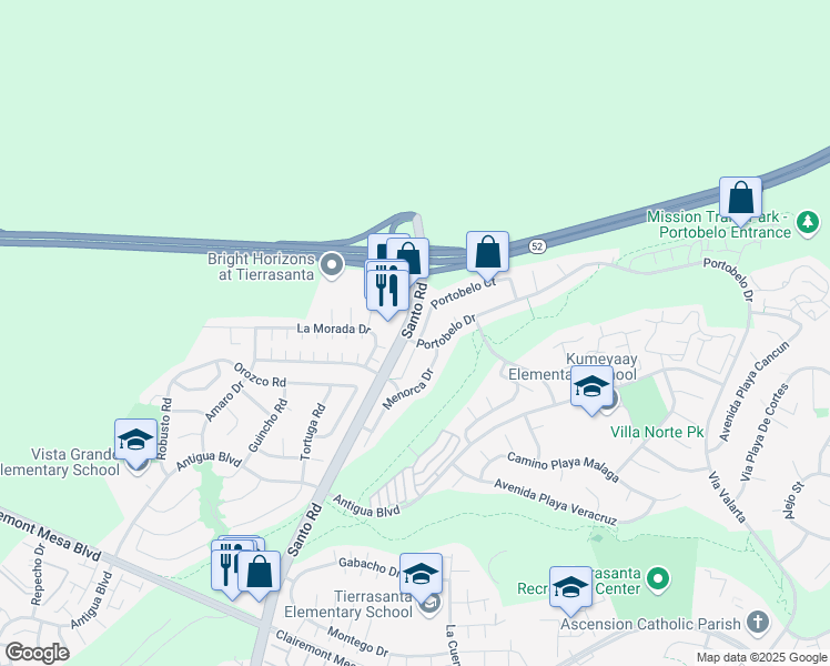 map of restaurants, bars, coffee shops, grocery stores, and more near 5916 Portobelo Court in San Diego