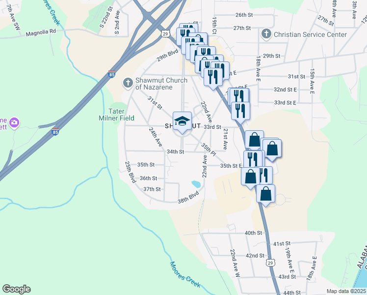 map of restaurants, bars, coffee shops, grocery stores, and more near 3301 23rd Drive in Valley