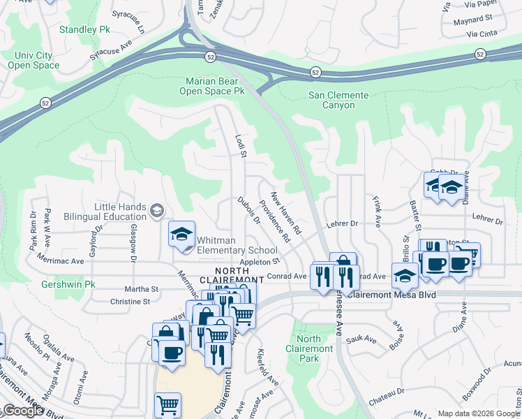 map of restaurants, bars, coffee shops, grocery stores, and more near 5171 Providence Road in San Diego