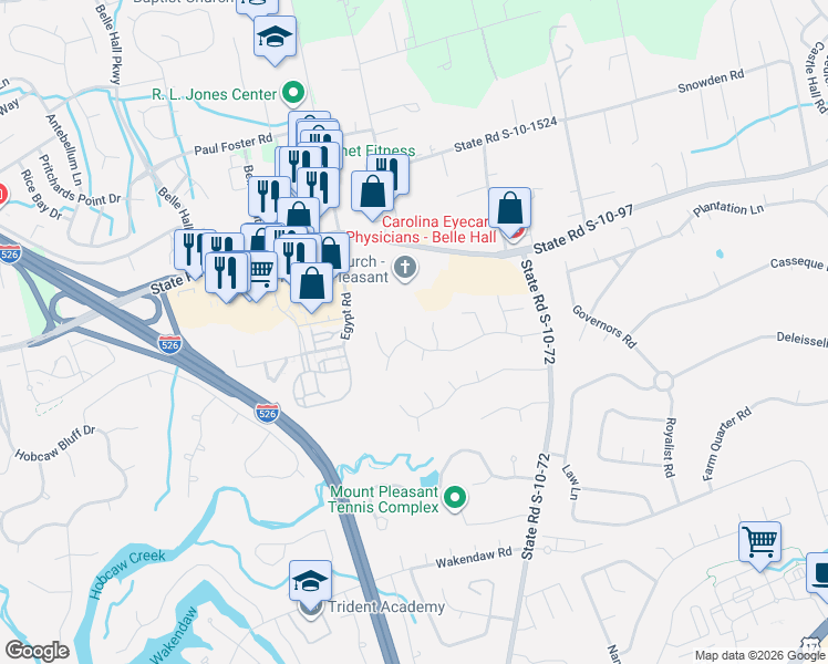 map of restaurants, bars, coffee shops, grocery stores, and more near 732 Ginglis Way in Mount Pleasant