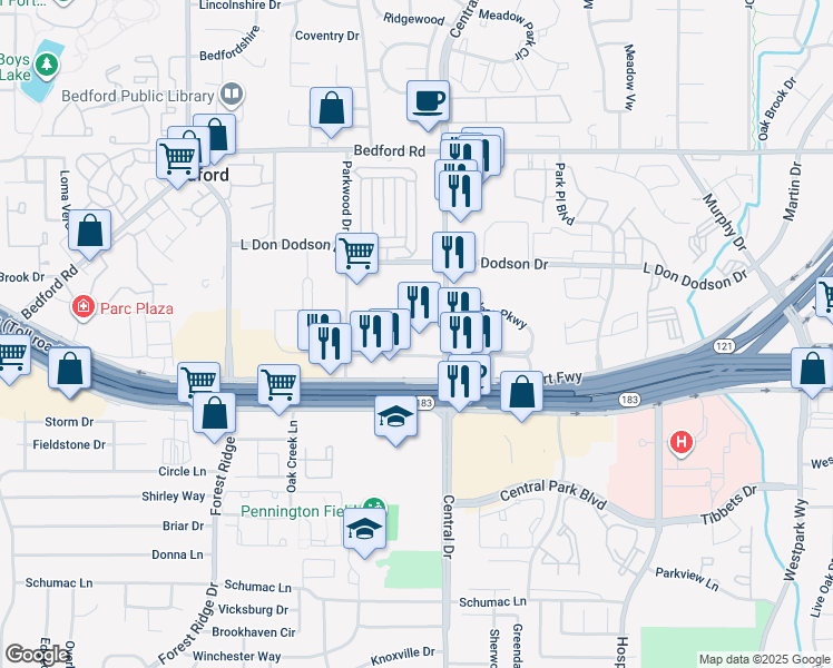 map of restaurants, bars, coffee shops, grocery stores, and more near 1903 Central Dr in Bedford