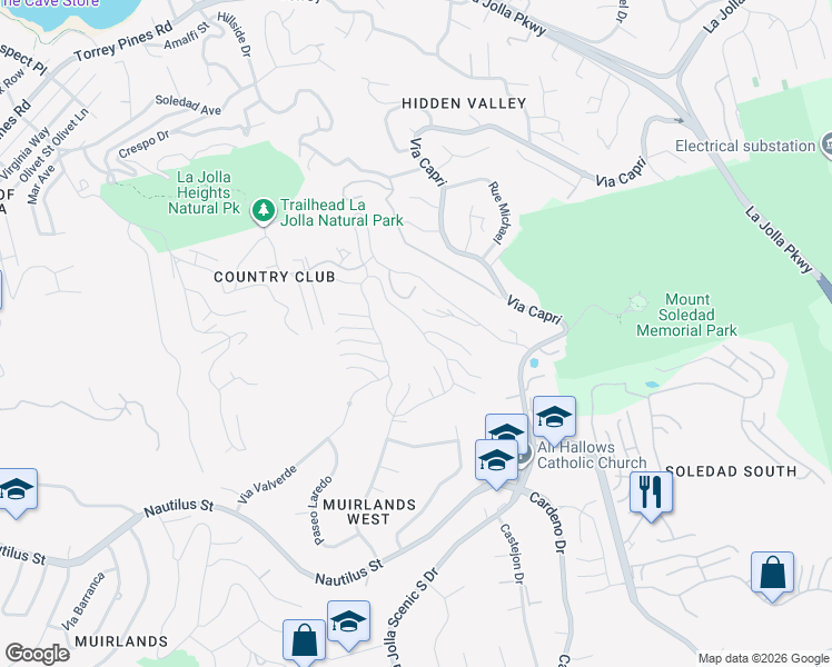 map of restaurants, bars, coffee shops, grocery stores, and more near 7210 Caminito Cruzada in San Diego