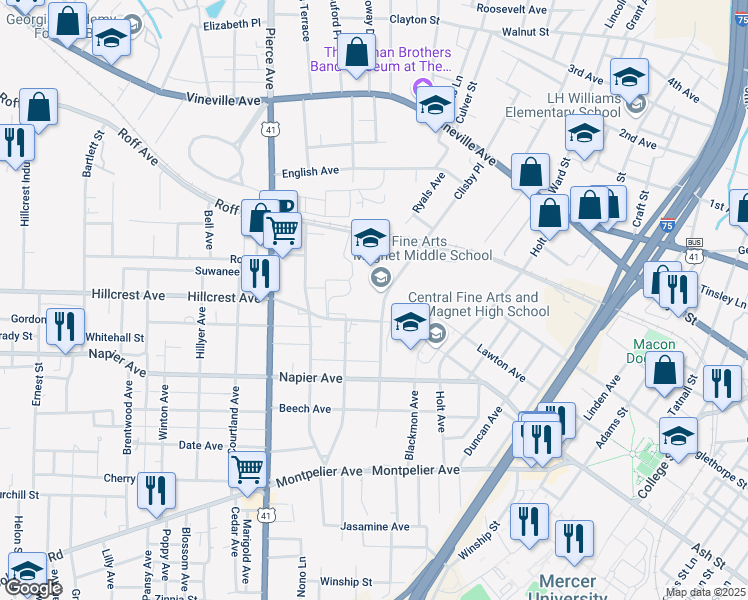 map of restaurants, bars, coffee shops, grocery stores, and more near 751 Hendley Street in Macon