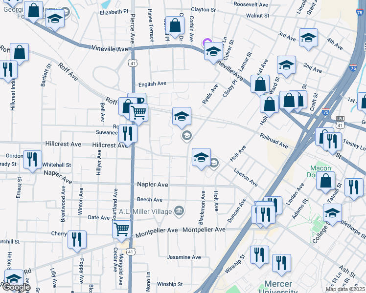 map of restaurants, bars, coffee shops, grocery stores, and more near 751 Hendley Street in Macon