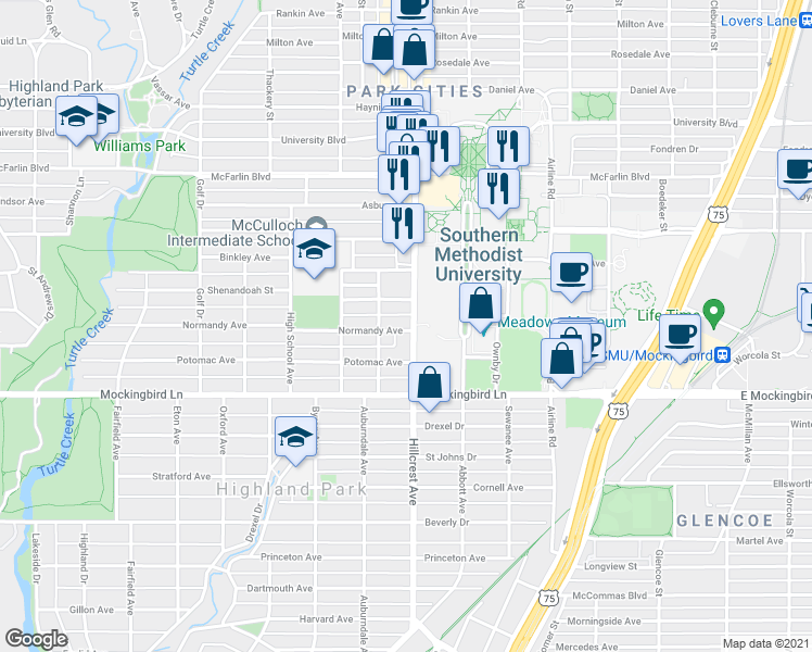 map of restaurants, bars, coffee shops, grocery stores, and more near 3400 Normandy Avenue in Dallas