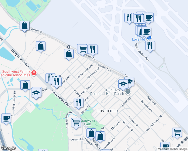 map of restaurants, bars, coffee shops, grocery stores, and more near 2502 West Lovers Lane in Dallas