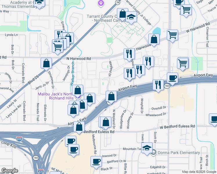 map of restaurants, bars, coffee shops, grocery stores, and more near 1545 Weyland Drive in North Richland Hills