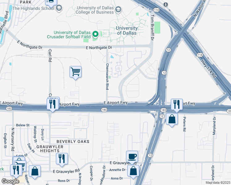 map of restaurants, bars, coffee shops, grocery stores, and more near 2220 Chemsearch Boulevard in Irving
