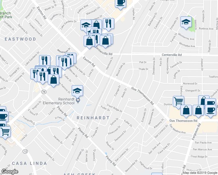 map of restaurants, bars, coffee shops, grocery stores, and more near 10400-10598 East Zacha Drive in Dallas