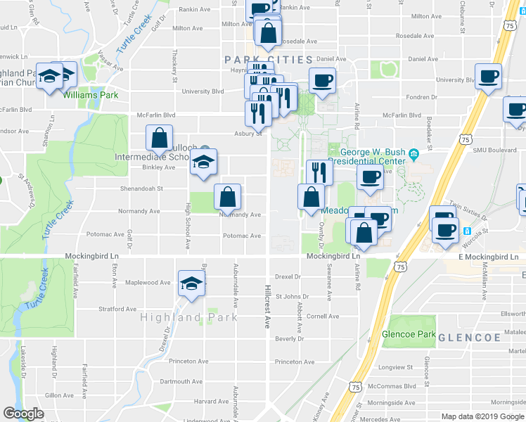 map of restaurants, bars, coffee shops, grocery stores, and more near 5913 Hillcrest Avenue in Dallas